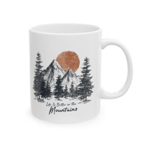 Camping Sunrise Ceramic Mug — Rustic Pine Trees Coffee Cup (11oz/15oz)